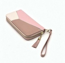 💠Women's Wallet Color Block Pink Cream Beige Large Capacity Wristlet Strap NEW