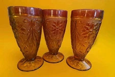 Set of 3 VTG Tiara Indiana Amber Sandwich Chantilly Glasses Daisy Footed Tumbler
