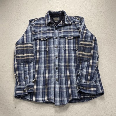VINTAGE Pendleton Shirt Mens Large Blue Wool Plaid Flannel Elbow Patch Heavy 90s