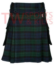 Men's Utility Kilt Made Of Black Watch Tartan Two Side Pockets  Leather Straps