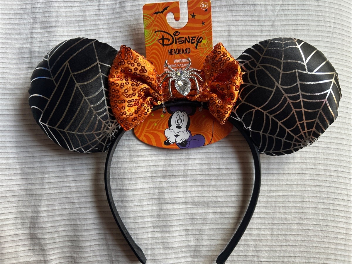 Disney Parks Halloween Minnie Black Spider Orange Sequin Bow 