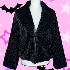 90s Cejon Black Faux Fur Lambswool Vintage Glam Goth Retro Coat Jacket Medium