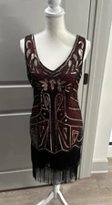 Babeyond Flapper Dress Sequins Beaded Fringe Burgundy & Black size XLarge