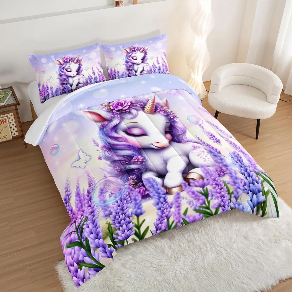 Cartoon Unicorn Bedding Twin Size for Toddler Girls Room Decor,Lavender Flash Ki - Image 2 of 4