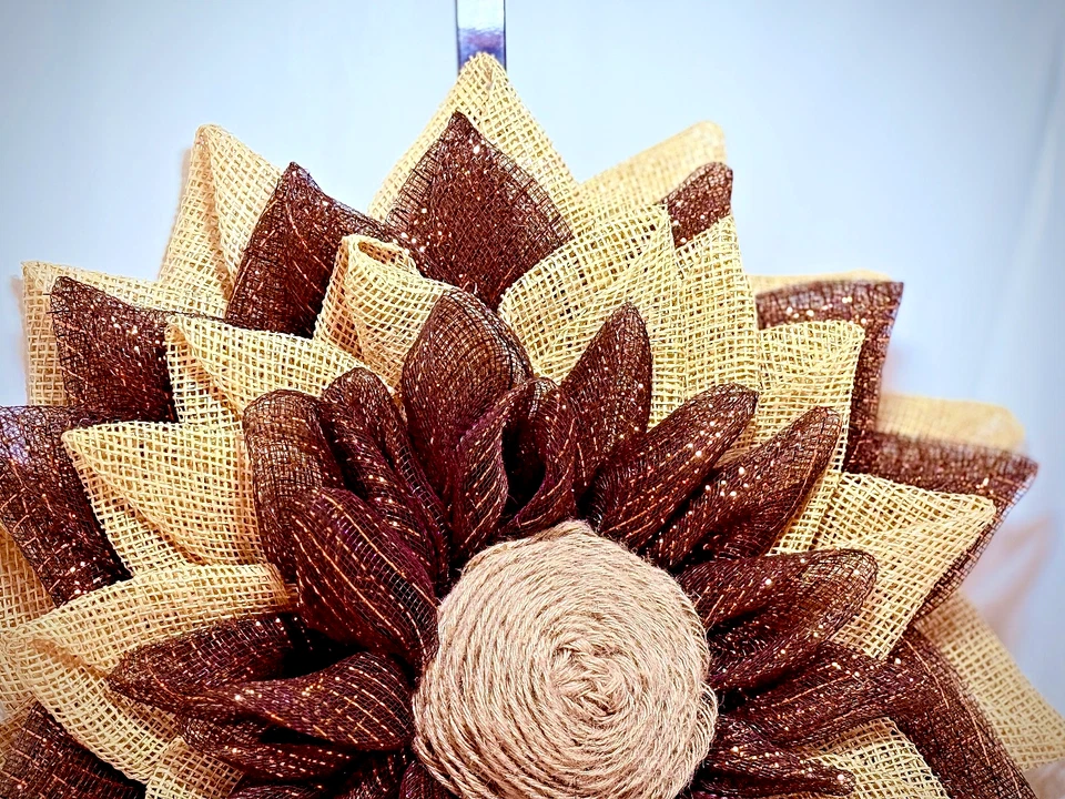 Фермерский домик мешковина венок из подсолнечника - ручной работы деревенский подсолнечник - осенний венок - Изображение 2 из 4