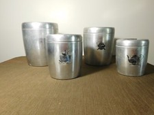 VINTAGE KITCHEN 4 PC WEST BEND COFFEE TEA SUGAR BRUSHED ALUMINUM CANISTER SET