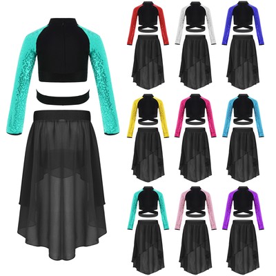 Kinder Mädchen Tanz Outfit Lateinisch Rock Jazz Crop Top 2-Stück Ballsaal Geist