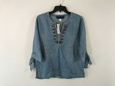 Francesca's Womens Blue Rain Marigold V-Neck 3/4 Sleeve Top, Size M - Blue