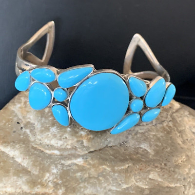 Blue Kingman Turquoise 13 Stones Navajo Sterling Silver Cuff Bracelet 5.5'' 12692
