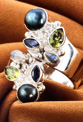 SAJEN SILVER Blue Freshwater Pearl and Multi Gemstone Ring 11 Sterling Silver