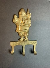 RARE Vintage Brass Key Holder -Santa- “Happy Christmas“ 3 Hooks Wall Mount