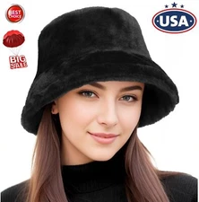 Women Faux Fur Bucket Hat Warm Fluffy Plush Bucket Hat Fisherman Cap Winter USA