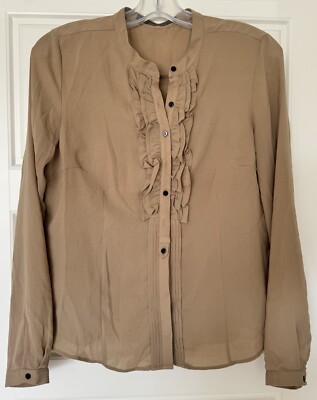 Zara Basic Women s Ruffle PleatFront Button Blouse Tan Polyester Workwear Size M