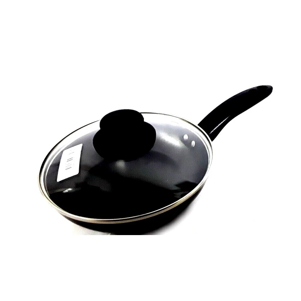 Non Stick Deep Frying Pan Wok With Glass Lid Long Handle Gas Hob 22/24/28/32cm