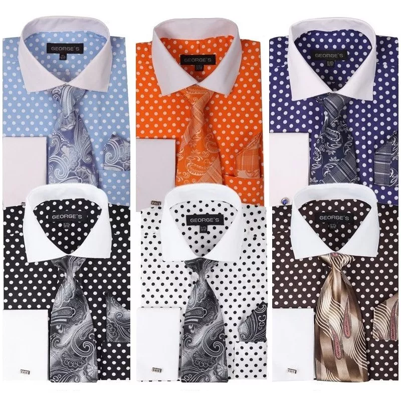 Men's Cotton Polka Dot Dress Shirt w/ Tie u0026 Hanky Set #613, 630, 632 | eBay