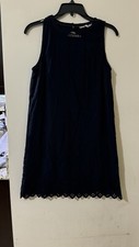 LOFT Women's cotton eyelet flounce girly shift dress, Size  Petite XS  Navy Blue