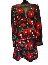 NWT Urban Outfitters Dress Black Read Flowers/Green Leaves Long Sleeve Size XS