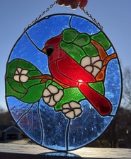 Suncatcher Cardinal Bird Tree Branch and Green Leaves 12x10 Oval Red Green Blue