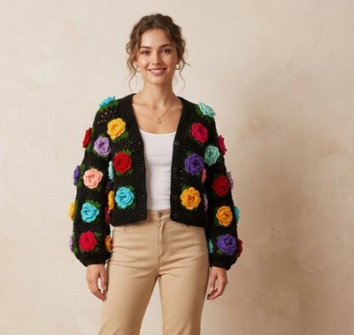 Handgefertigte gehäkelte Damen Rose Häkel Strickjacke - Grobstrickpullover schwarz Blumen