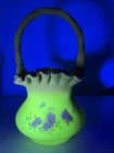 Vintage Fenton Uranium Burmese Floral Glitter Ruffled Basket