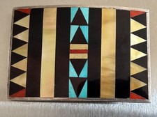 Vintage Zuni Sterling Silver Geometric Mosaic Turquoise Coral onyx Belt Buckle
