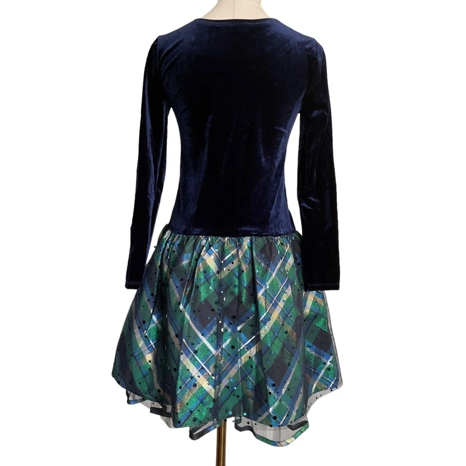 Bonnie Jean Youth Girls 14.5 Navy Blue Velvet Dress Holiday Gold Bow Plaid Shiny - Image 2 of 4