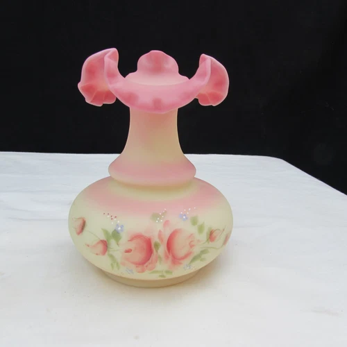 Fenton Burmese Satin Roses Hand Painted Vase Special Order 1992 GLOWS!!!!  W734