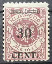 KLAIPEDA 1920-1923 Memel Territory Germany 30 Centimes Black Overprint Stamp MH