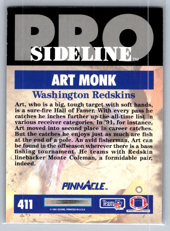 1991 Pinnacle Football #411 Art Monk - VG - Washington Redskins - Image 2 of 2