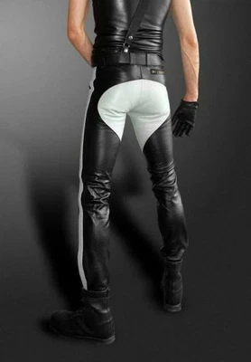 Nouveau pantalon en cuir noir BLUF pour homme | Pantalon de motard rayé en cu... - Photo 1/3