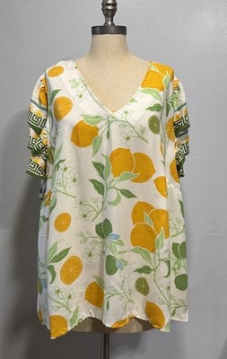 RACHEL ZOE Plus 2X Top Citrus Tropical Print Shirt Blouse Tunic Flutter Sleeve