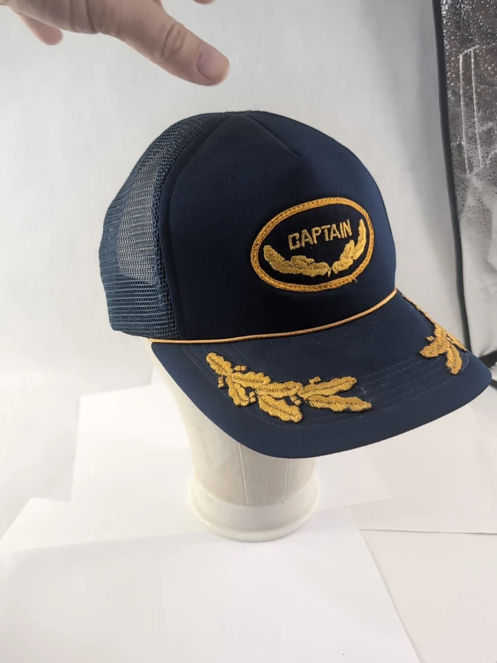 RARE! VTG  Adult, 1980's Captain Gold Leaf Cord Hat Trucker Mesh Back Blue - Image 3 of 4