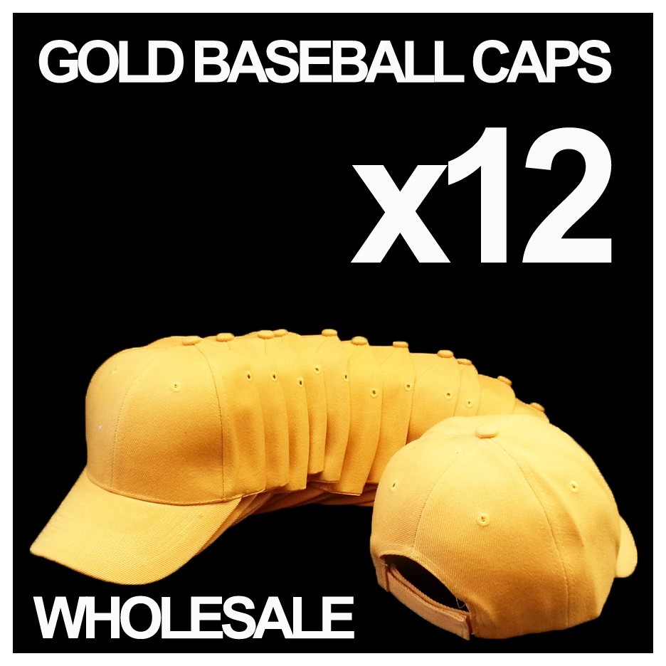 GOLD YELLOW*** WHOLESALE LOT OF 12 PLAIN BLANK SOLID BASEBALL CAPS