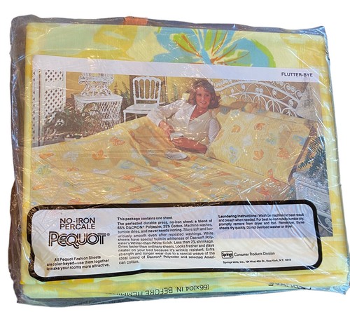 Vtg NOS Pequot flutter-bye Twin Flat Sheet Butterfly Retro Orange Yellow USA - Picture 2 of 11