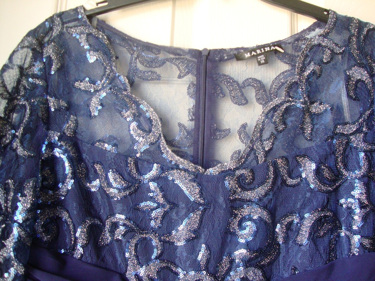 New Marina Women's Scallop Sequin V-Neck Lace Body Evening Dress Navy Size  14 | eBay