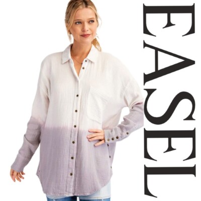 S EASEL GREY WHITE OMBRE Dip Dye ''OPEN HEART'' BUTTON UP Shirt/TOP/BLOUSE BHCS