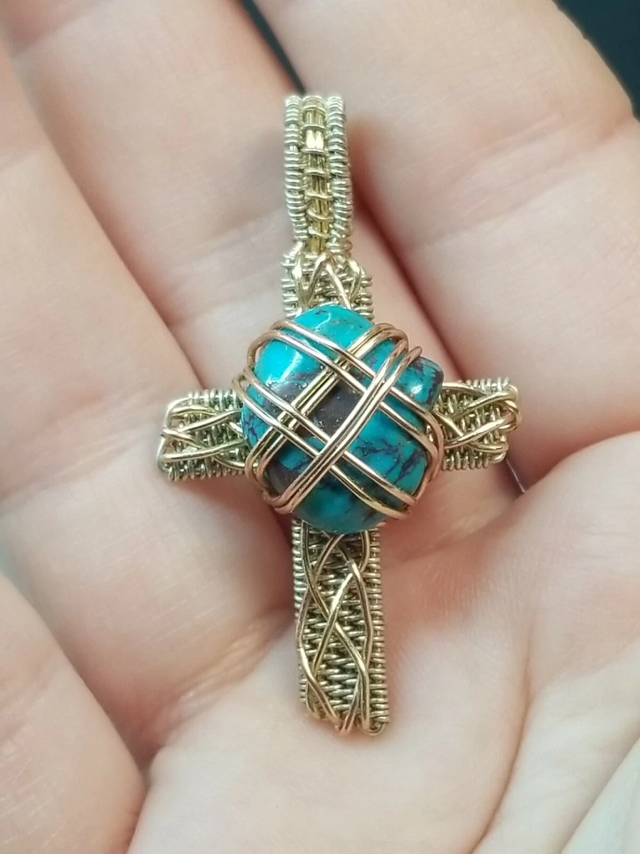 Rose Gold Sterling Silver Wire Wrapped Turquoise Stone Cross
