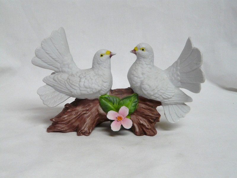 A Pair of Love Doves on a Branch with a Pink Flower Porcelain Figurine