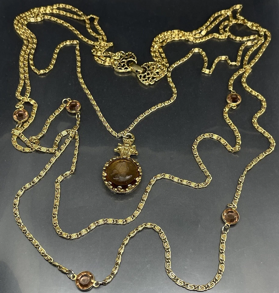 "Collar multihilo colgante camafeo cristal bisel marrón tono dorado dorado 26"""