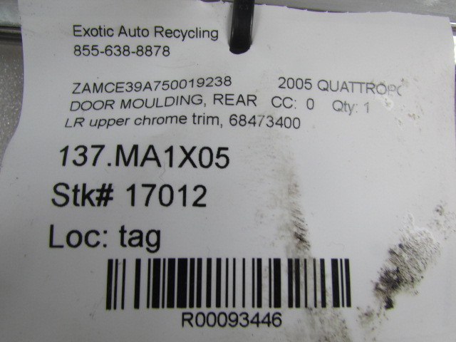Maserati Quattroporte, LH, Left Rear Upper Door Trim, Chrome, Used, P/N 68473400
