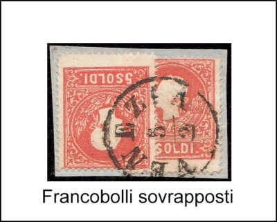 LOMBARD VENETO ''HEADS'' TWO OVERLAPPING 5 MONEY STAMPS USED IN VENICE