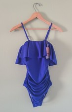 NWT Blue Flounce One Piece Swimsuit Sz S Ruched Sides Tummy Control Strap/less