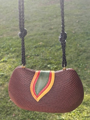 1970s Hardshell Clutch Brown Woven With Leather Snap Closure + Satin Strap VTG - Picture 4 of 5