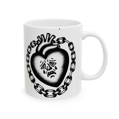 Ceramic Mug 11oz Coffee Cup Traditional Tattoo Art Heavy Heart Chain Sorrows Emo