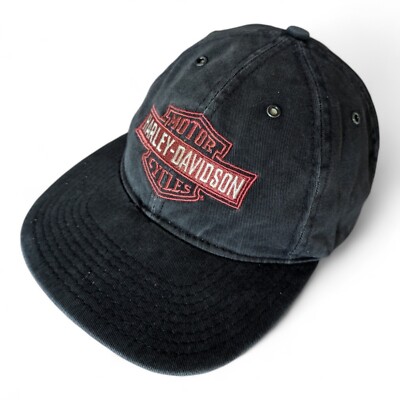 Vintage 90s Gray Denim Harley Davidson Strapback Biker Hat Ball