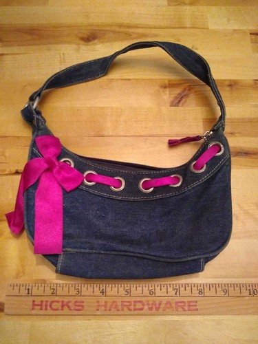 Girls Shoulder Hobo Bag Blue Pink Zipper Ribbon Bow Cotton Denim Small - Picture 4 of 5