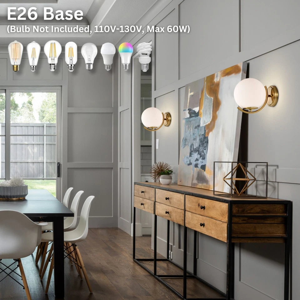 Mid-Century Gold Glass Globe Wall Sconce 7.1" - Hardwired Vintage Light Fixture - Image 3 of 4