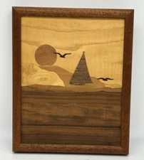 Vintage American Craftsman Marquetry Wood Inlay Art, Framed, Sailboat, Sunset