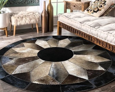 Round Cowhide Patchwork Rug: Black, Brown & Beige Hair-On-Hide, Rustic Decor Rug