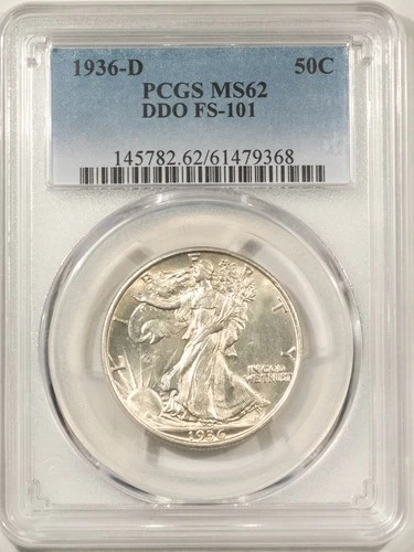 1936-D WALKING LIBERTY HALF DOLLAR, DOUBLED DIE OBVERSE, FS-101 - PCGS MS-62
